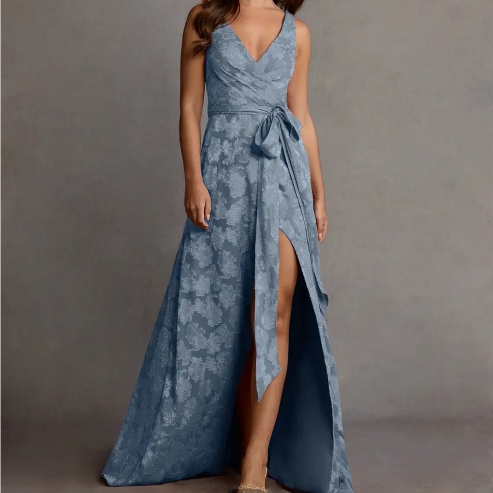 Dusty Blue Floral Burnout Wrap Gown with Side Slit - Azazie Atelier